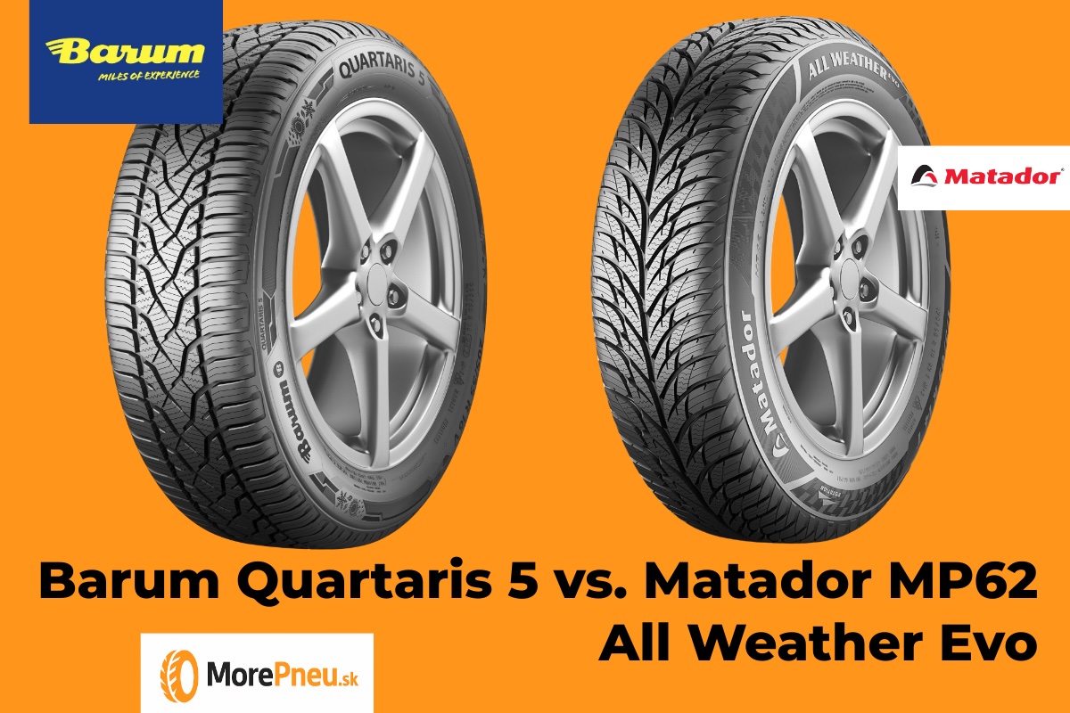 Porovnanie celoročných pneumatík Barum Quartaris 5 a Matador MP62 All Weather Evo – zobrazenie dezénov oboch modelov na oranžovom pozadí pre výber vhodnej pneumatiky.